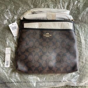 Coach Signature Zip File Brown Canvas Black Leather Crossbody F58297 NWT